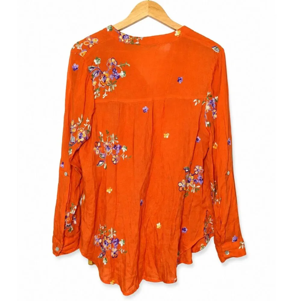 Figueroa & Flower Embroidered Boho Blouse L Orange Floral Button Front